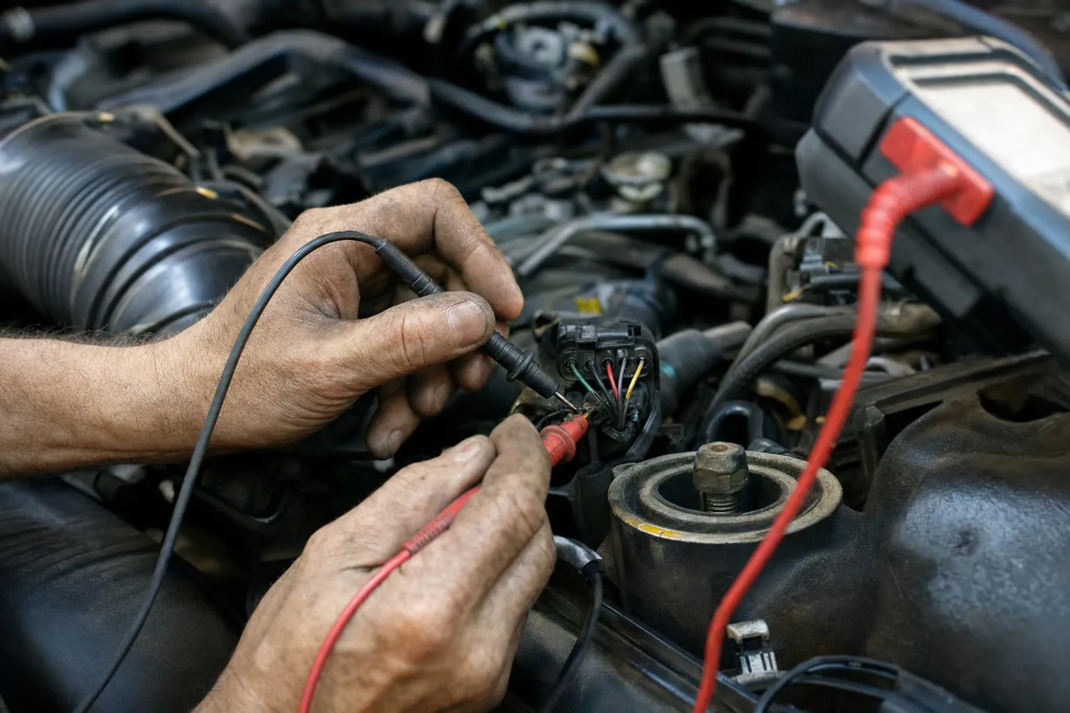 Technician's hands using red and black multimeter probes on an engine wiring connector to diagnose a fault