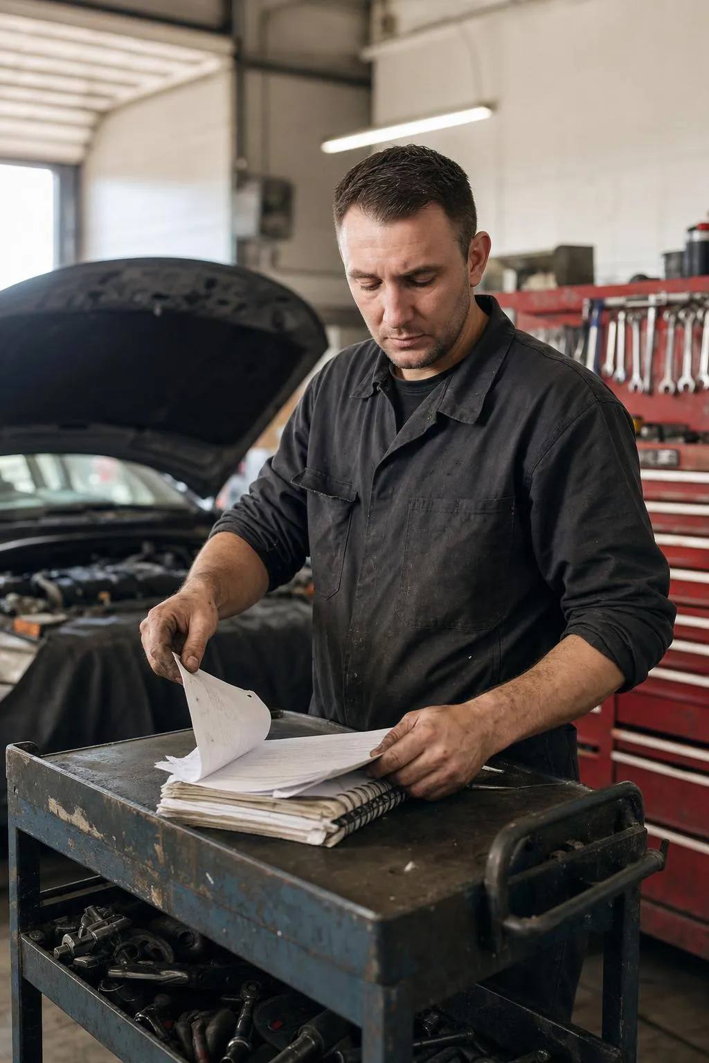 Auto technician at a rolling tool cart flipping through a worn study notebook between jobs, an open hood and tool chest behind him